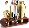 Mixology & Craft Cocktail Shaker Set with Dark Bamboo Stand - Professional 10-Piece Bartender Kit - Complete Bar Set & Cocktail Mixer Kit for Home (Gold)