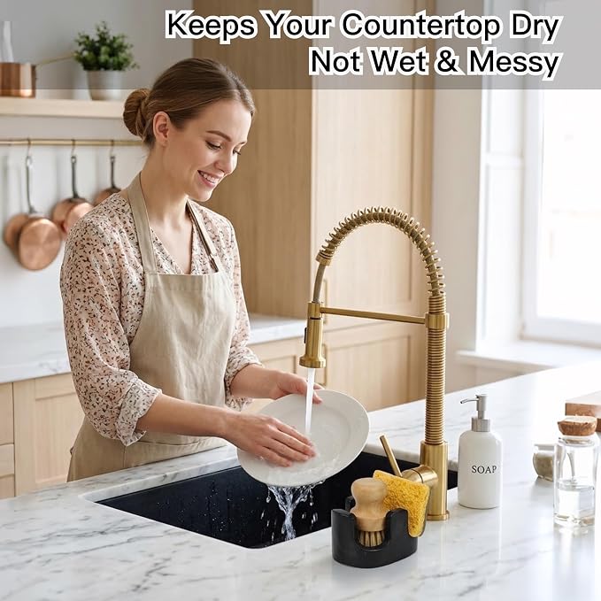 Black Marble Sponge Holder for Kitchen Sink, 2-in-1 Natural Stone Sponge & Brush Holder with Raised Edge, Keeps Countertops Dry, Heavy & Stable, Non-Slip Base, Modern Luxury Kitchen Decor