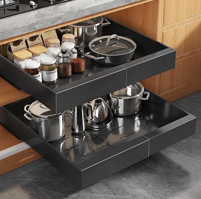 Seinloes 2 Pack Expandable Pull Out Cabinet Organizer 16.5"Deep With Raising Pad for Framed Cabinets,Upgrade 3 Slide Rails Slide Out Drawers,No Drill Roll Out Shelves,Adjustable Width 12.2"-20.4"Black