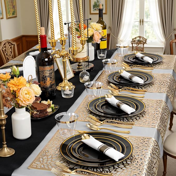 WDF Partyware 175PCS Black and Gold Plates - Black Disposable Plates for Party - 25Guests Disposable Dinnerware Set for Wedding/Party/Birthday/Halloween