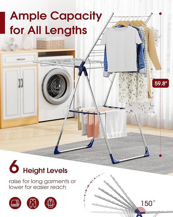 Sakugi Clothes Drying Rack with Height-Adjustable Wings, Metal Foldable Laundry Dryer Stand for Clothing & Bedding, Free-Standing Collapsible for Indoor & Outdoor Use, 55.5" L × 22.8" W, Silver Blue