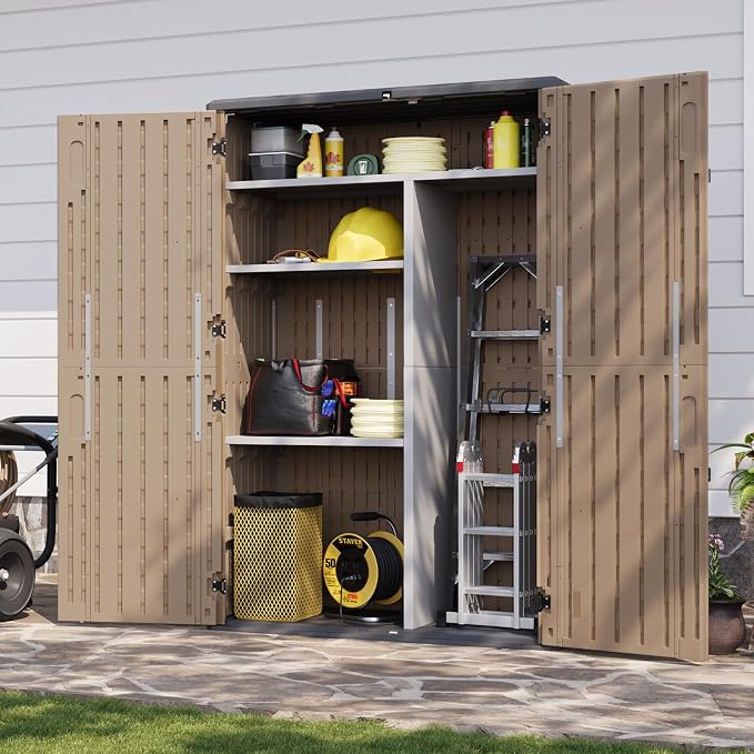 Aoxun 64 Cu.Ft Waterproof Resin Outdoor Shed with Floor & Shelving, Brown | Vertical waterproof storage cabinet with metal shelving kit, stores garden tools & pool equipment outdoors