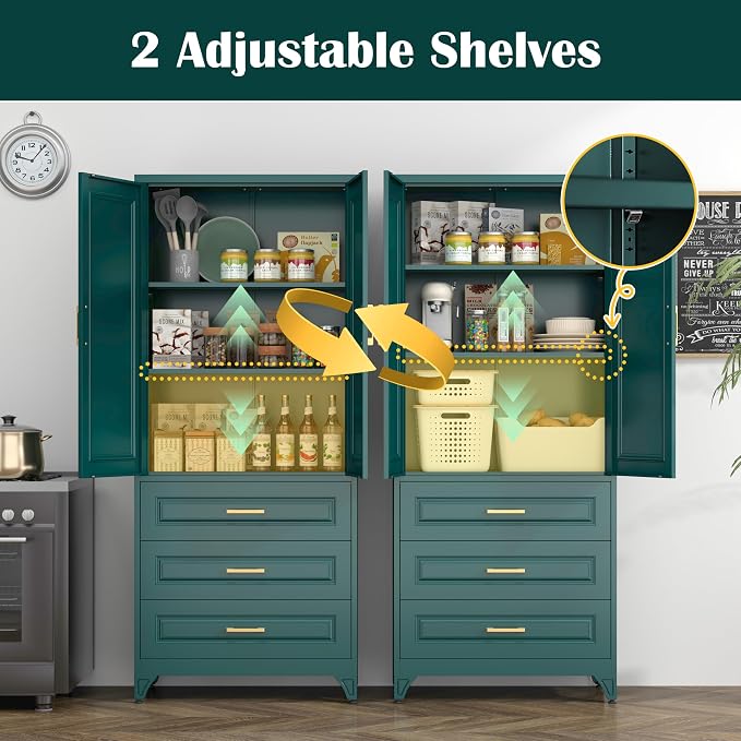 SteeLoong 75" Metal Storage Cabinet with Doors and 2 Adjustable Shelves | Kitchen Pantry Cabinet with 3 Drawers,Green Kitchen Cabinet with 2 Gold Handles,Food Cupboard for Livingroom,Pantry, Bathroom