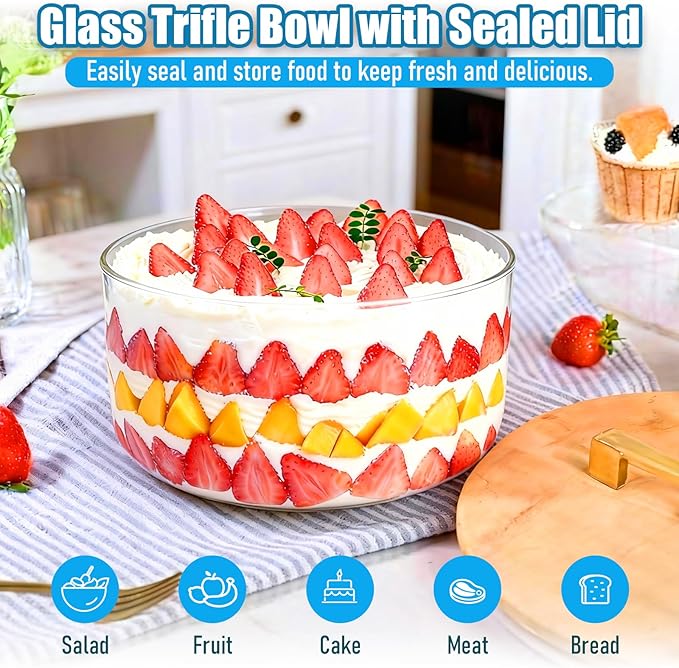 Acelane 10 Inch Glass Trifle Bowl with Sealed Lid, Large Salad Bowl, Modern Versatile Mixing and Serving Bowl for Salad, Dessert, Laying Ice Cream, Cake and Party, Home, Microwave & Dishwasher Safe