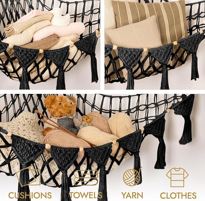 TIDYTEDS Macrame DreamLights Boho Stuffed Animal Storage Net Hammock Extra Large Plush Toy Storage Holder For Small Or Large Plushies BLACK