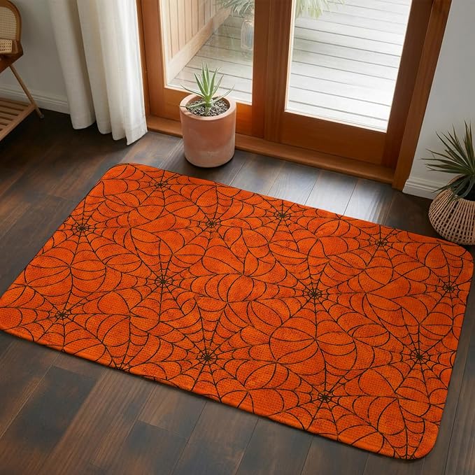 Front Door Mat Indoor Outdoor 19.7"x31.5", Orange Halloween Absorbent Non Slip Welcome Mat, Black Spiders Net Classic Gingham Low Profile Entryway Rug for Front Entrance Porch Back Door Patio