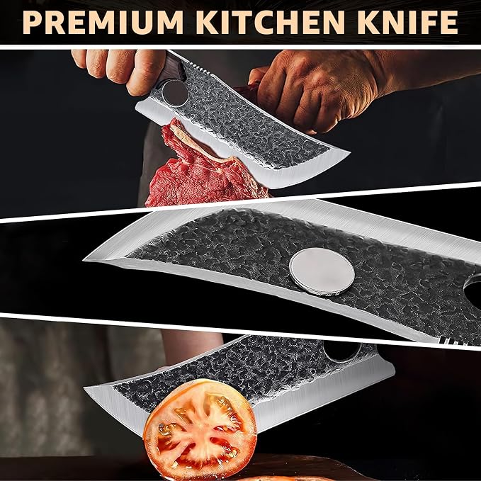 DRGSKL Hand Forged Meat Cleaver Knife with Belt Sheath and Gift Box | Japanese ATS-34 Steel, Hand Forged Full Tang Knife, Ebony Handle, Belt Sheath, Gift Box, Anti-stick Pounding Texture