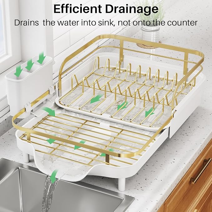 SNTD Dish Drying Rack, Expandable Dish Rack for Kitchen Counter, Stainless Steel Dish Drainer with Drainboard Set and Utensil Holder (Gold)
