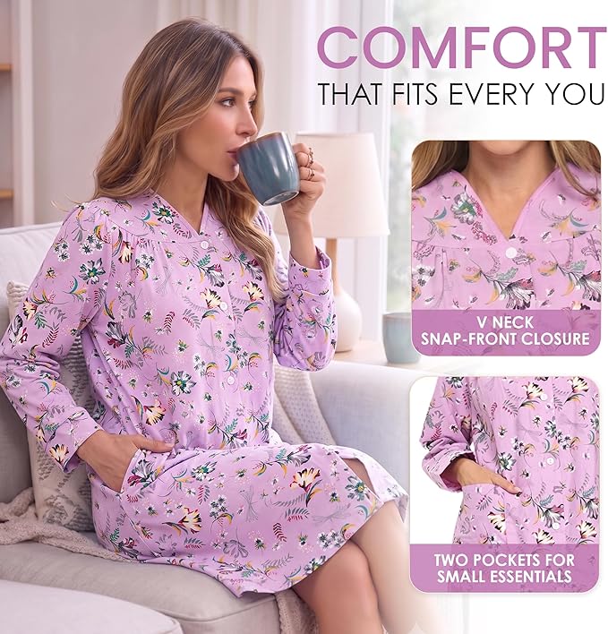 Casual Nights Women's Floral Snap Front Flannel Duster Long Sleeve Lounger Dress