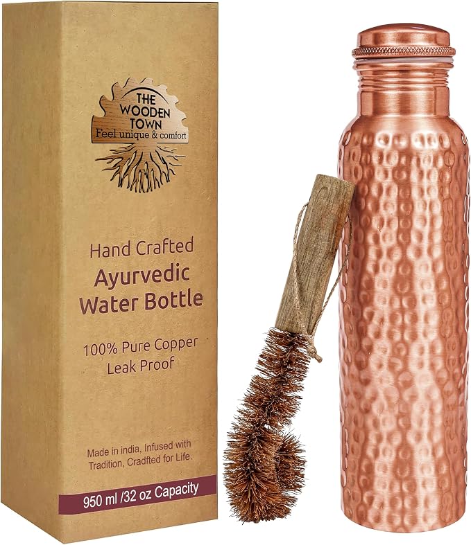 Copper Water Bottle,Hammered Ayurvedic Pure Copper Bottle With Brush For Drinking - Drink More Water, Lower Your Sugar Intake And Enjoy The Health Benefits Immediately 32 Oz (950 ml) Extra large