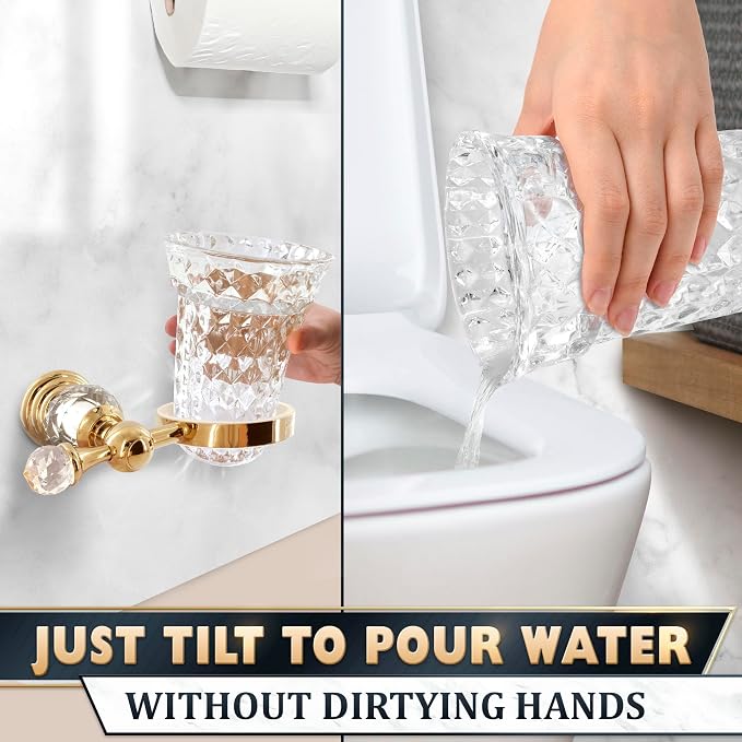 Gold Stainless Steel Toilet Brush with Crystal Toilet Brush Holder Set – Wall Mounted Holder, Replaceable Head, Decorative Space-Saving Design Bathroom Toilet Accessory Elegant Toilet Bowl Cleaner Set
