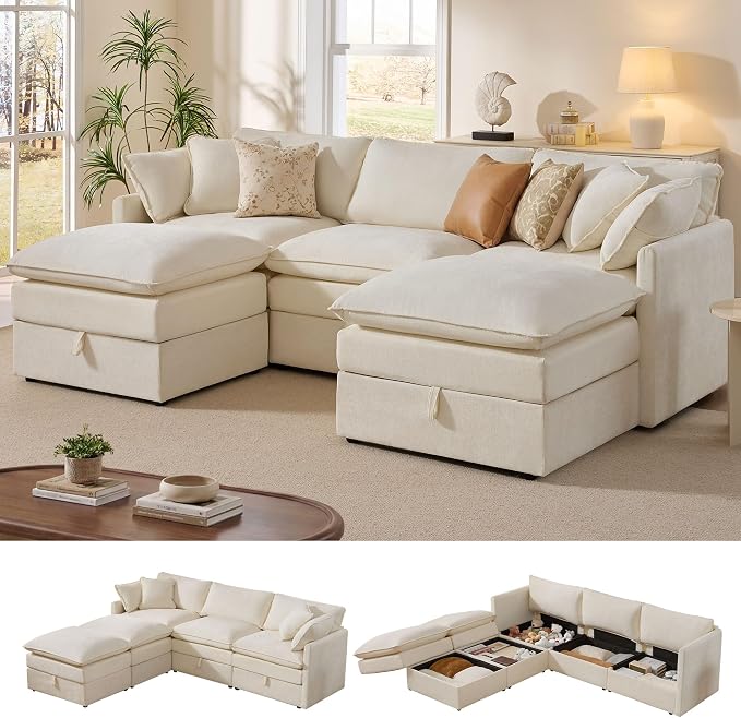 Ihanherry 103” Modular Sectional Sofa with Storage, U Shaped Cloud Couch with Movable Ottomans & 4 Pillows, Chenille Deep Seat Sectional Couches for Living Room, Apartment (Beige)