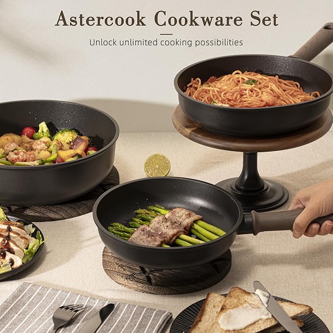 Astercook 19 Pcs Pots and Pans Set Non Stick, Black Titanium Induction Kitchen Cookware Sets, Non toxic Healthy Kitchen Cooking Set with Frying Pans Set, PTFE PFOA PFOS Free, Fathers Day Gift for Men