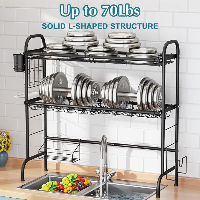HOWDIA 3-Tier Over The Sink Dish Drying Rack,Stainless Steel Dish Rack | With Cutlery Holder & Chopping Board Rack, 33.9” x 11.4” x 32.3” for Maximum Kitchen Storage, Black