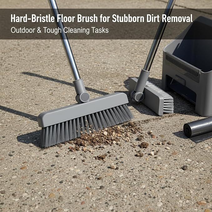 Broom Dustpan 3-in-1 90° Stand up Heavy Duty Dust Pan and Broom Set with Long Handle 180° Rotation for Indoor & Outdoor