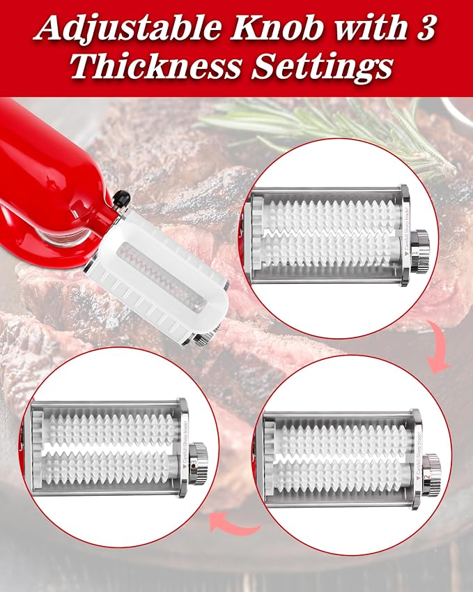 Meat Tenderizer Attachment for KitchenAid Mixer, 3 Thickness Settings | Fits KitchenAid Stand Mixers: Tenderizes beef, pork, lamb & venison — deeper marinade for juicier results