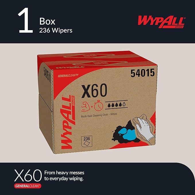 WypAll GeneralClean X60 Cloths Multi-Task Cleaning Wipes (54015), Brag Box, Strong and Absorbent Towels, White (1 Pack of 236 Sheets, 236 Sheet Total)