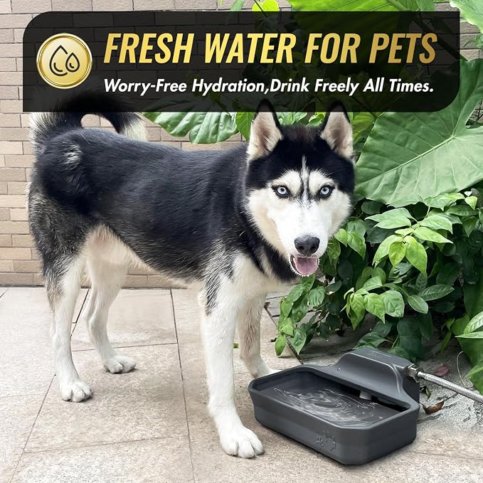 FICUSWIN 135OZ Automatic Water Dispenser for Large Dogs Patented Outdoor Dog Water Bowl Dispenser Automatic Dog Feeder Fit 3/4'' GHT Faucet Dog Waterer Include Water Hose Extra-Large Drinking Area