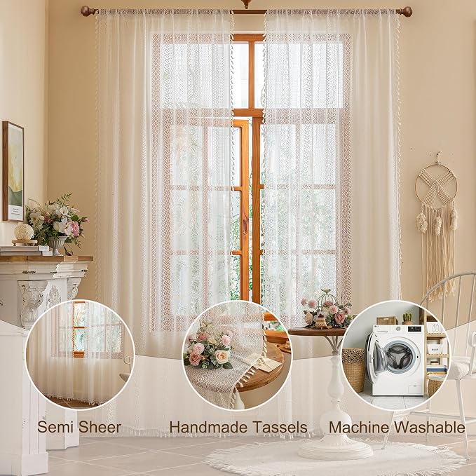 Sutuo Home White Boho Lace Curtains 96 inches Long for Living Room Dining Room, Vintage Tassels Semi Sheer Curtains Farmhouse Privacy Cream Rustic Victorian Style Rod Pocket Decor, 2 Panels 50" W