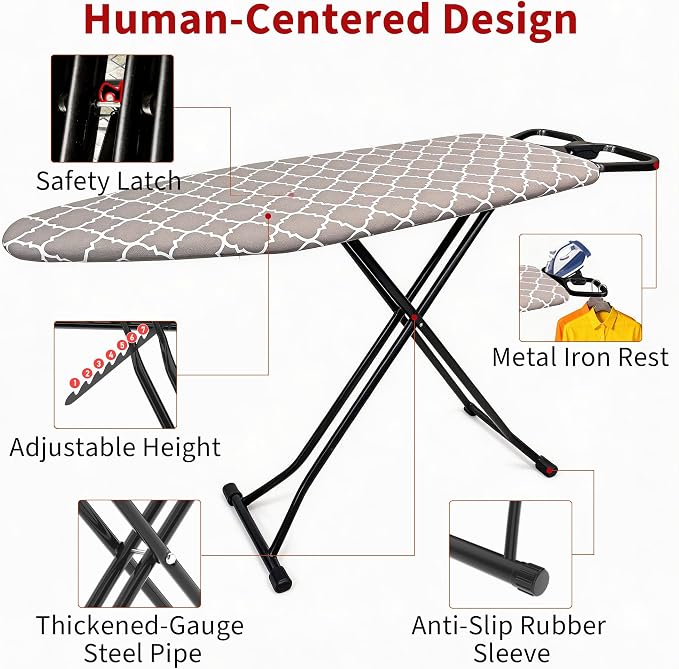 Ironing Board, 48"×15" with Iron Rest, 7 Adjustable Height 4 Layer & Sturdy | Extra Large Iron Board, Heat Resistant Cover and Pad for Home Apartment Dorm Laundry Room, Gray