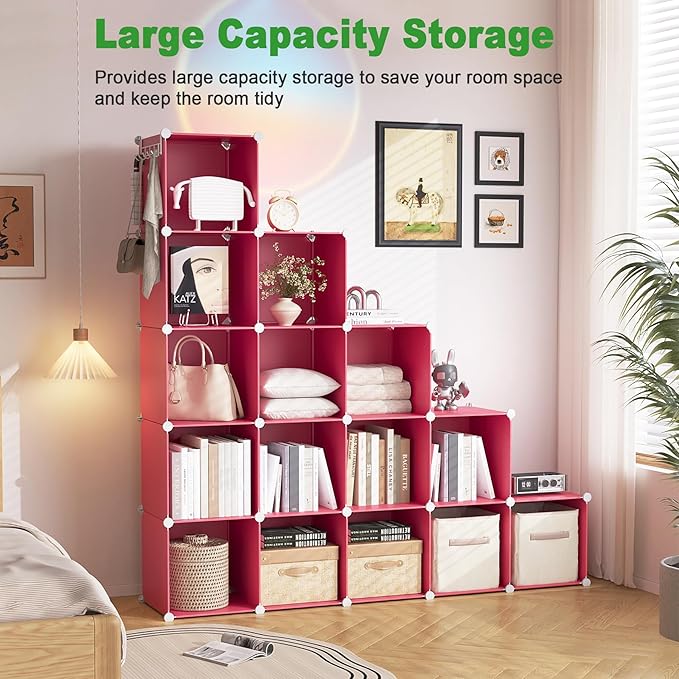 C&AHOME 16 Cube Storage Organizer Cube Shelves Units Storage Cubes, Red | Plastic DIY Closet Organizer, Stackble Modular Closet Storage Shelves Ideal for Home, Bedroom, 48.4" L × 12.4" W × 48.4" H