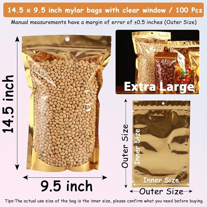 100 Pcs 1 Gallon Mylar Bags for Food Storage 10x14 Mylar Bag with Window Large Holographic Resealable Bags Smell Proof Bag Food Packaging for Small Business Freeze Dried Candy Stand Up Pouches