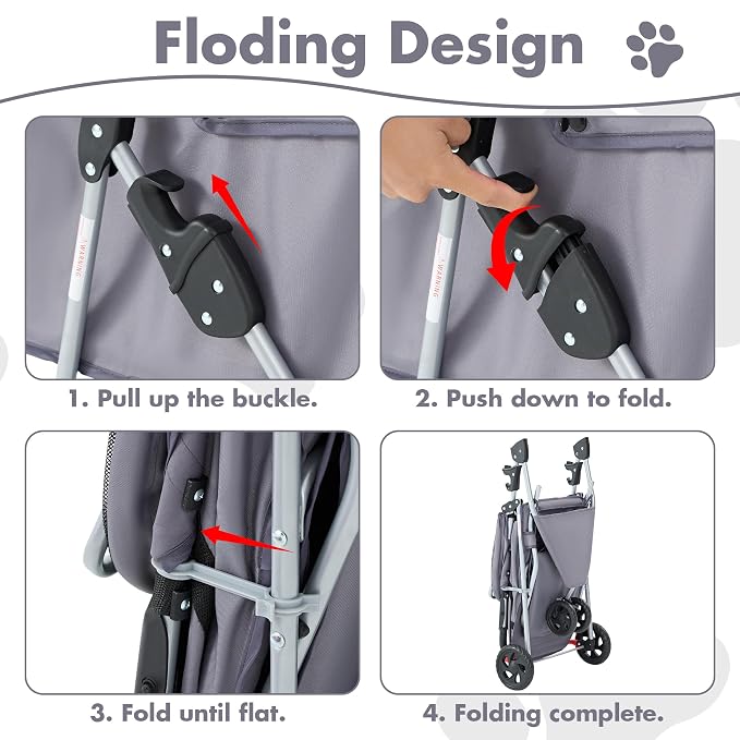 DUMOS 3 Wheels Pet Stroller for Small Dogs and Cats, Foldable Dog Stroller with Mesh Windows, Storage Basket & Cup Holder, Lightweight & Durable Pet Carrier for Outdoor Use, Grey
