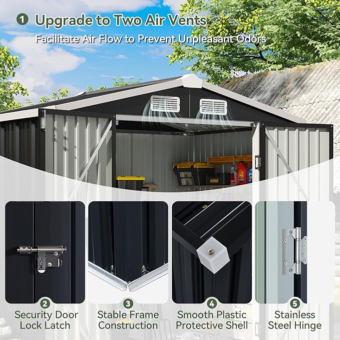 Aoxun 6.2x4 FT Shed Outdoor Storage Shed, Black | Metal Shed with Lockable Doors & Slooping Roof Garden Tool Shed for Backyard, Patio, Poolside