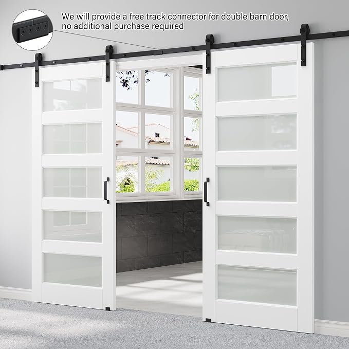 64" x 80" Pre-Assembled Double Barn Doors and 12FT Sliding Door Hardware Kit Included, 5-Lites Frosted Glass Sliding Barn Door for Closet Bathroom Bedroom, Solid & Water-Resistant MDF, Paintable