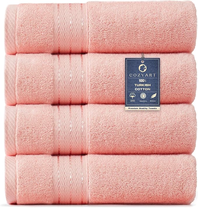 COZYART Luxury Hand Towels 4 PCS, Pink 100% Turkish Cotton 650 GSM | OEKO-Tex 100 Certified Zero Twist Ring Spun, Soft Absorbent Quick Dry, Plush Fluffy, Breathable Hotel Quality for Daily Use