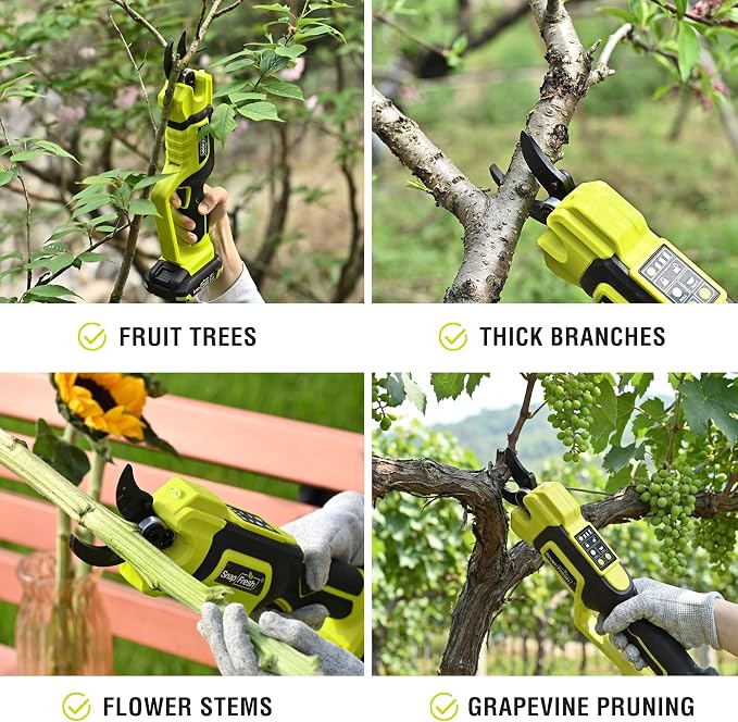 SnapFresh 20V Brushless Electric Pruning Shears, 1.6" Cordless Heavy Duty Tree Pruner with Smart Display & LED Light, 2.0Ah Battery & Fast Charger Included, SK5 Blade Branch Cutter