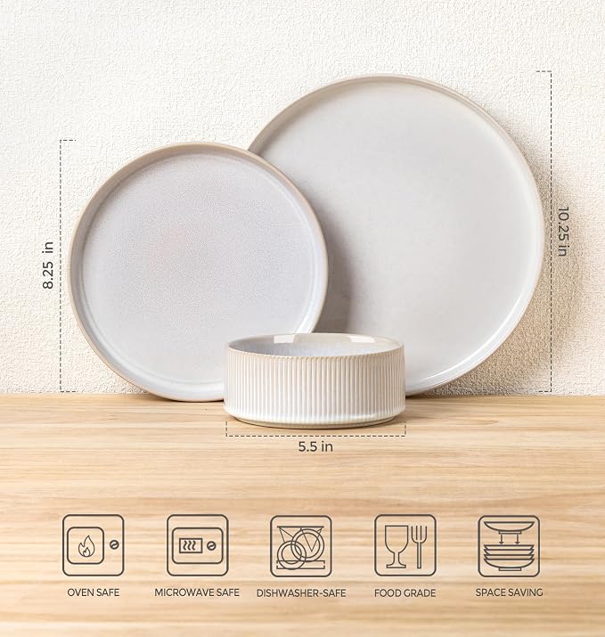 TheTerra Ceramic Dinnerware Sets for 4, 12 Pieces Porcelain Lightweight Plates and Bowls Sets, Scratch Resistant Dish Set, Oven & Microwave & Dishwasher Safe,Reactive White