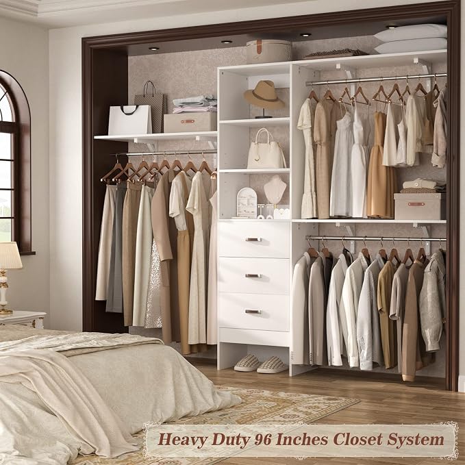 Armocity 96" Wood Closet System with 3 Enclosed Drawers & 3 Solid Shelves, 8FT Adjustable Closet Organizers and Storage, Heavy Duty Modular Wardrobe for Reach-In & Walk-In, 1000 LBS Load, White