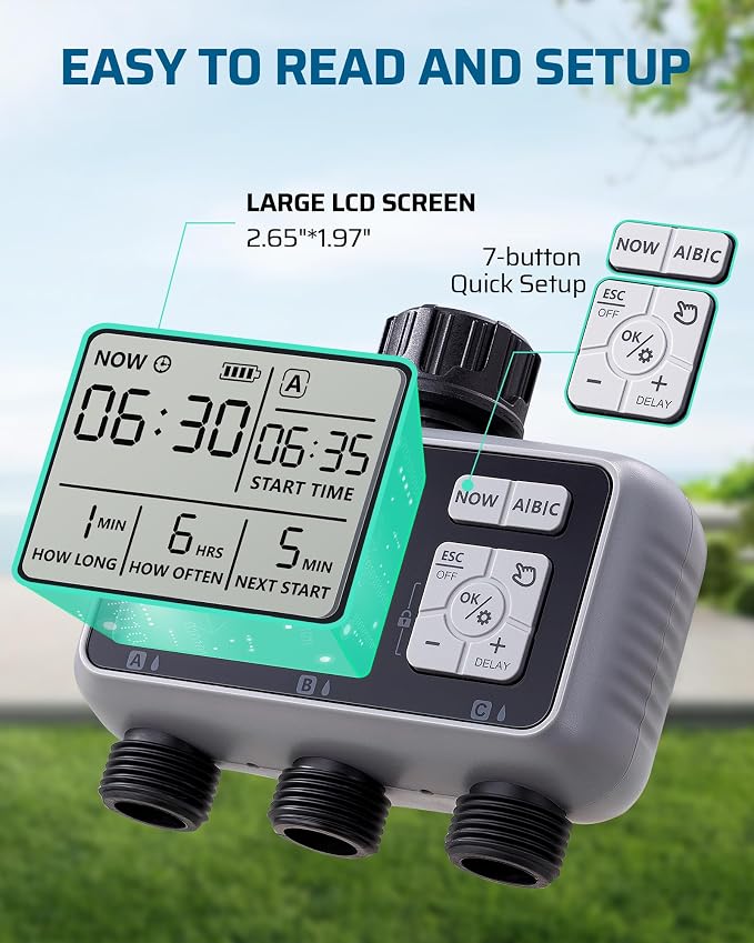 DEWENWILS 3 Zone Sprinkler Timer, Outdoor Water Timer, Programmable Hose Faucet Controller, Automatic Garden Watering System for Garden, Lawn, Yard