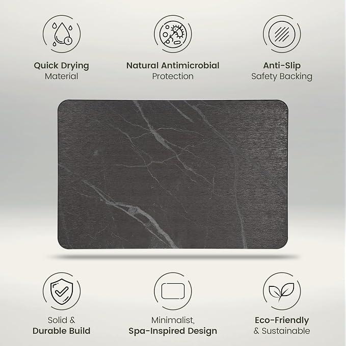 Quick Dry Shower Stone Bath Mat, Super Absorbent & Non-Slip 24 x 16 Inch Diatomaceous Earth Mat, Durable & Easy to Clean Diatomite Bath Mat for Bathroom Floor/Kitchen (Charcoal)