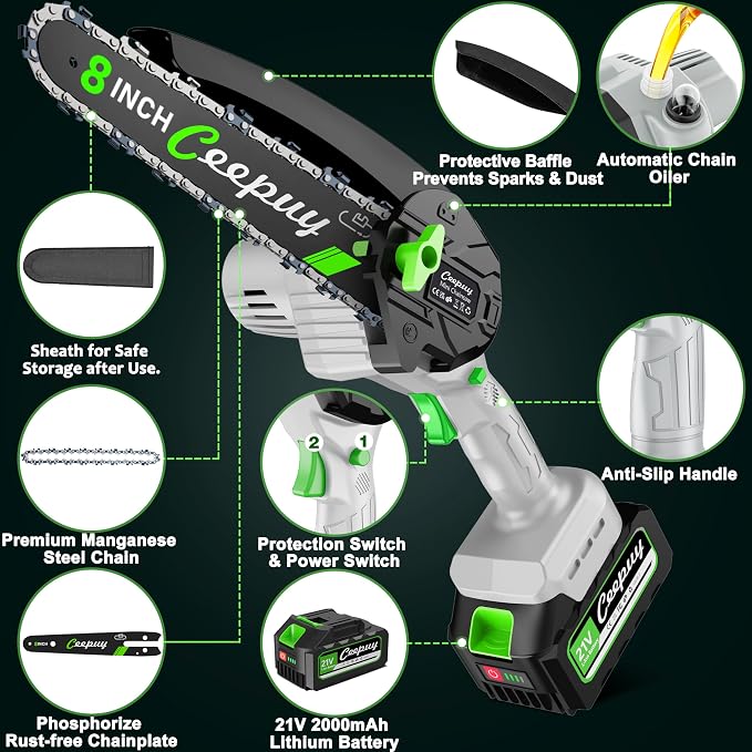 Mini Chainsaw Cordless 8 Inch with 2x 4000mAh Batteries, Portable Electric Chain Saw, Automatic Oiler, Battery Powered Small Handheld Saw, Security Lock Trees Branches Trimming, Wood Cutting, 2026