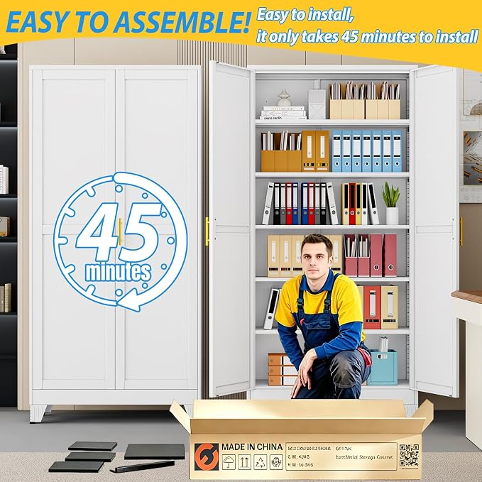 PAOFIN Metal Tall Storage Cabinet with 2 Doors and 5 Adjustable Shelves, 75" Metal Garage Storage Cabinets, File Cabinet,Steel Tool Cabinets for Home,Office,Garage,School,Warehouse (White)