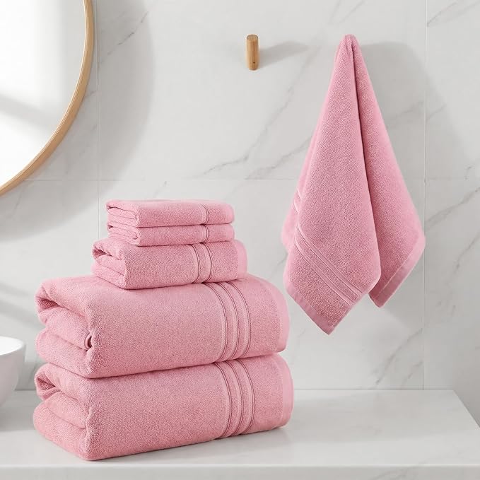 REDKISS Pink Towels Set 6 Piece Cotton Towel Sets with 2 Bath Towels, 2 Hand, 2 Washcloths, 650GSM Hotel Quality, Soft, Highly Absorbent Towels for Bathroom Gym, Ideal Everyday Use