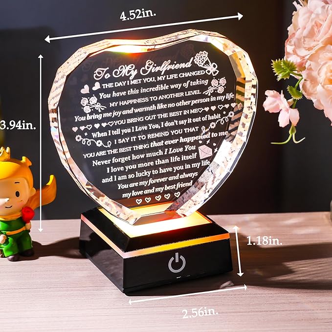 Girlfriend Gifts with Colorful LED Base Engraved to My Girlfriend Heart Crystal Keepsakes on Anniversary Birthday Valentine's Day Gifts for Girlfriend Romantic I Love You Gift for Her from Boyfriend
