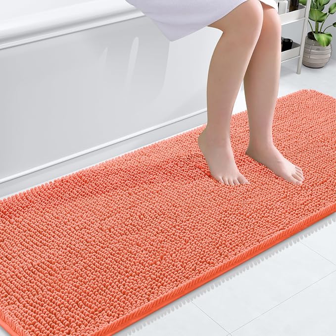 OLANLY Bathroom Runner Rugs 70x24, Extra Soft Absorbent Chenille Bath Rugs, Rubber Backing Quick Dry, Machine Washable Long Bath Mats for Bathroom Floor, Tub and Shower, Home Decor Accessories, Coral