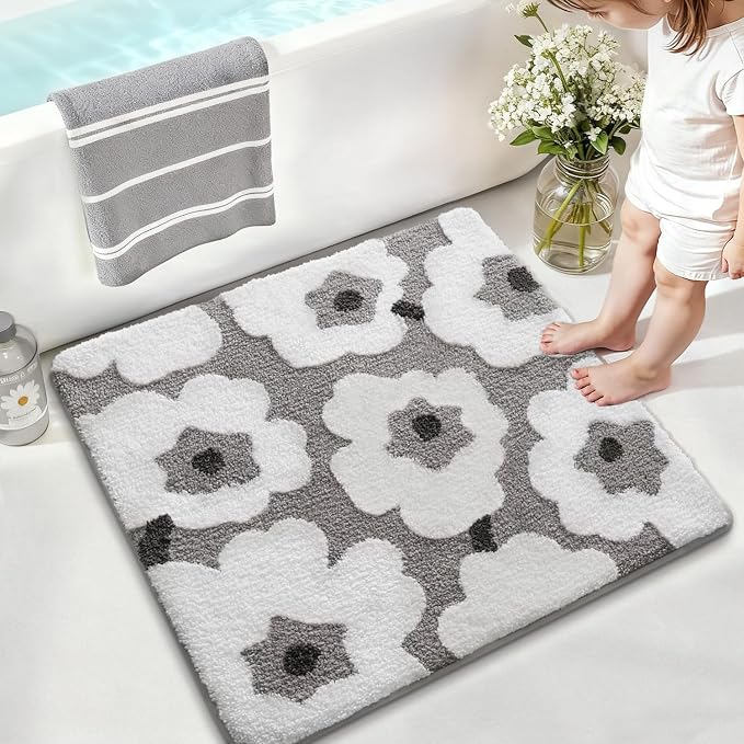 LUMI Floral Bath Mat, Soft Absorbent Square Bath Rug, Non-Slip Quick Dry Luxury Rug, Machine Washable Rugs for Bathroom Floor, Bathtub, Living Room, Home Decor, White Grey, 26"x26"