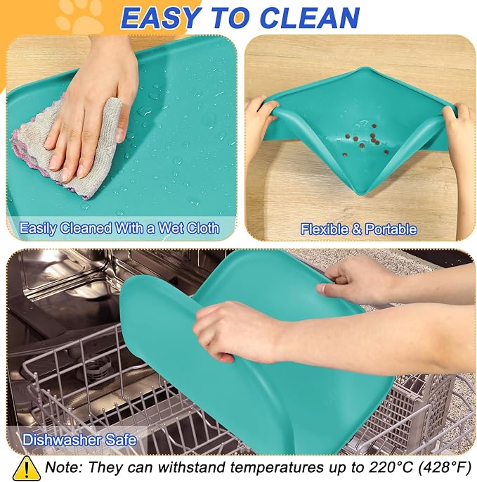 SMILOOL Waterproof Silicone Pet Food Mat with Raised Edge for Dog & Cat | 19" x 12" Non-Slip Pet Feeding Mats with Lip for Food & Water Bowl, Food Grade, Easy Cleaning, Dark Turquoise