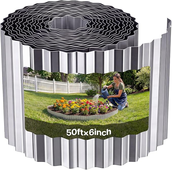 VEVOR Galvanized Steel Landscape Edging, 50 ft x 6 in Metal Edging for Landscaping with Gloves, Easy-to-Install Bendable Metal Strips, Heavy Duty Metal Garden Edge Border for Flower Bed, Yard Pathway