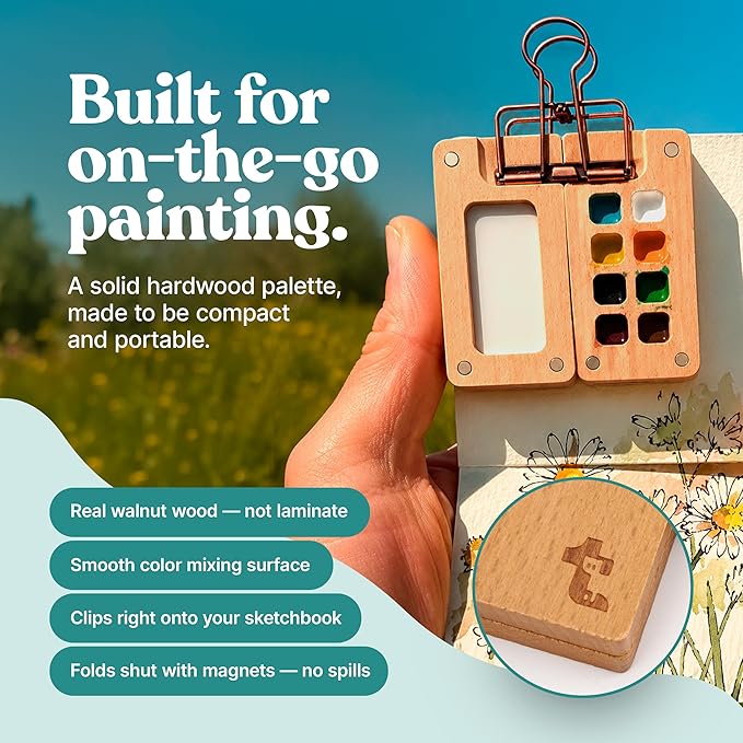 Tobios Watercolor Paint Set, Mini Travel Watercolor Kit with 12 Colors, Refillable Water Brush, Wooden Palette & Sketchbook, Portable Painting Set for Beginners, Journaling & Gifts