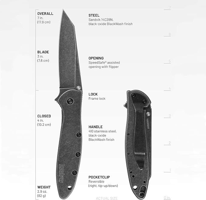 Kershaw Leek, BlackWash Pocket Knife (1660BLKW); 3 Sandvik 14C28N Steel Blade, 410 Stainless Steel Handle, BlackWash Finish, SpeedSafe Assisted Open, Frame and Tip Locks, Reversible Pocketclip; 3 OZ
