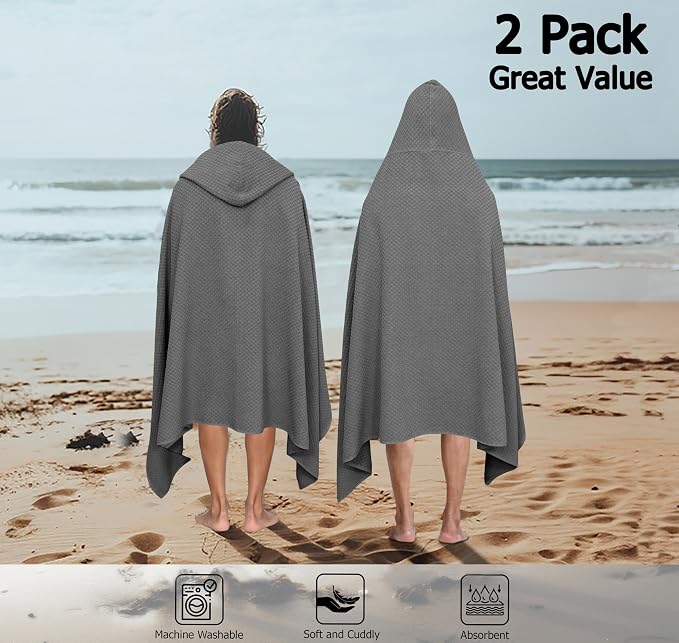 COTTON CRAFT Hooded Bath Towel for Adults – 2 Pack 100% Cotton Bath Sheet | Waffle Weave Oversized 35x70 inch Ringspun Terry Bath Wrap with a hood - Soft Super Absorbent Quick Dry – 450 GSM – Grey