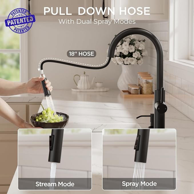FORIOUS Kitchen Faucet with Soap Dispenser, Modern Matte Black, Single Handle High Arc Stainless Steel Kitchen Sink Faucet with Pull Down Sprayer, 1 or 3 Hole Deck Mount for RV, Laundry, Outdoor