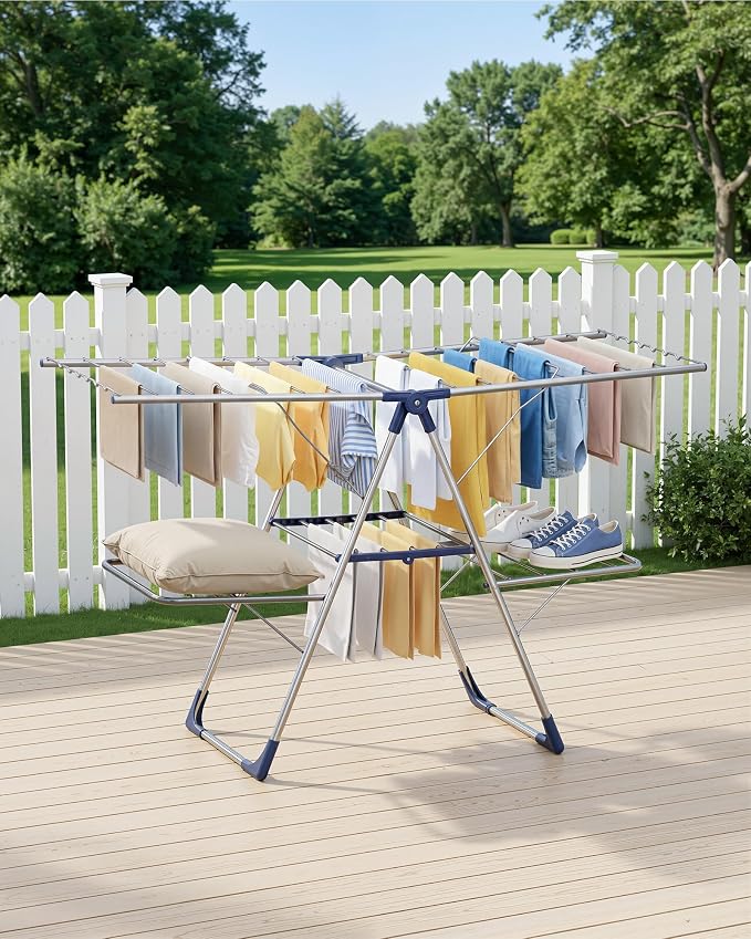 Sakugi Clothes Drying Rack, Foldable 2-Level Laundry Drying Rack with Height-Adjustable Wings, for Clothing & Bedding, Free-Standing Space-Saving Rack, Indoor & Outdoor, 55.5"L × 22.8"W, Silver Blue