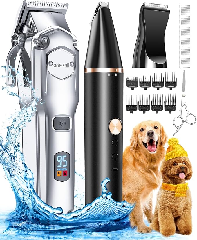 oneisall Dog Grooming Kit for Thick/Matted Hair with Stainless Steel Blade | Powerful Motor, Dog Clippers+Paw Trimmers, IPX7 Waterproof, Low Noise, Cordless & Long Battery Life