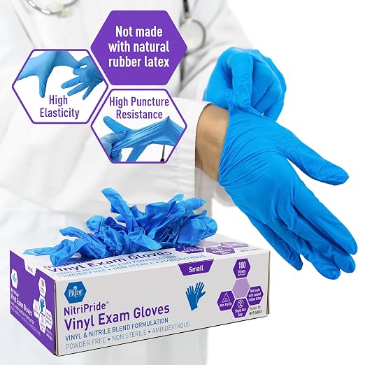 MED PRIDE Nitrile/Vinyl Blend Exam Gloves, Powder-Free, Latex-Free, Disposable, Non-Sterile, Blue, Small (Box of 100)